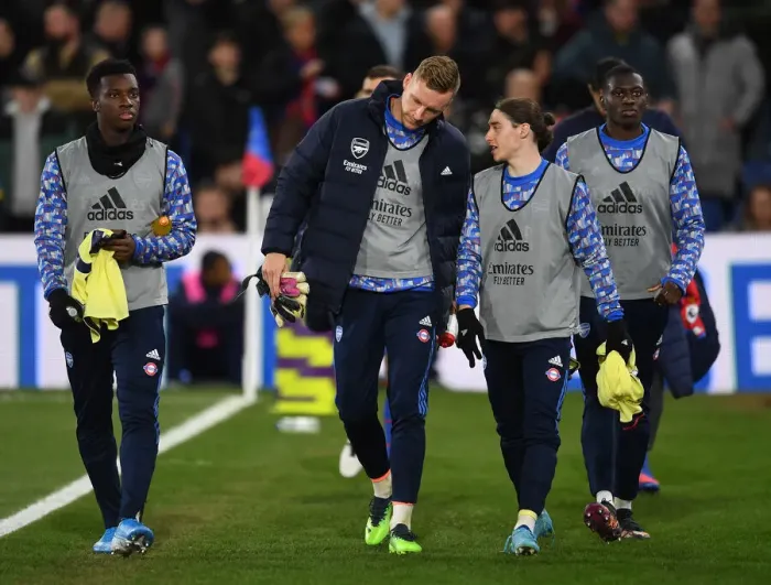 Framed Print : Arsenal Duo Bernd Leno and Marcelo Flores Before Crystal Palace Match, 2021-22 Premier League