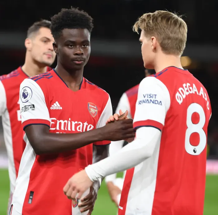 Framed Print : Arsenal Duo Bukayo Saka and Martin Odegaard Before Arsenal vs. Wolverhampton Wanderers (2021-22)