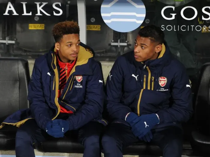 Framed Print : Arsenal Duo Chris Willock and Jeff Reine-Adelaide on the Bench: FA Cup Fifth Round Replay vs Hull City