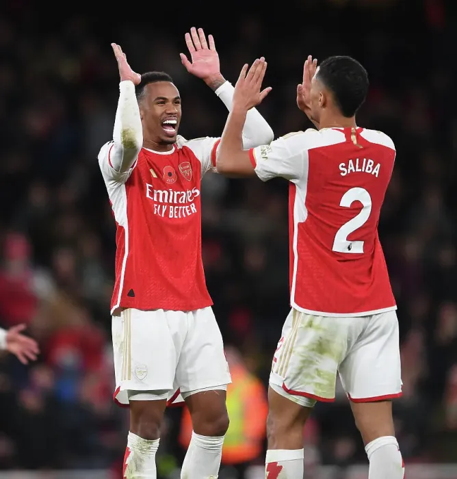 Framed Print : Arsenal Duo Gabriel Magalhaes and Williams Saliba Celebrate Victory Over Burnley in 2023-24 Premier League Framed Print : Arsenal Duo Gabriel Magalhaes and Williams Saliba Celebrate Victory Over Burnley in 2023-24 Premier League