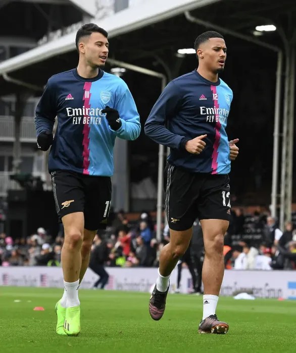 Framed Print : Arsenal Duo Gabriel Martinelli and William Saliba Before Fulham Clash (2022-23)