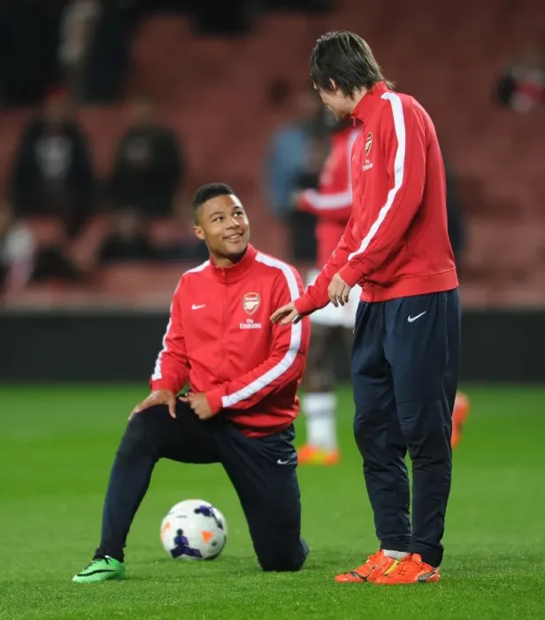 Framed Print : Arsenal Duo Serge Gnabry and Tomas Rosicky Before Match vs Swansea City, 2014