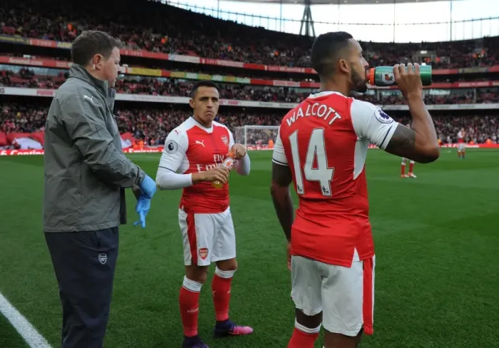 Framed Print : Arsenal Duo Theo Walcott and Alexis Sanchez Hydrate Before Arsenal v Middlesbrough Match, 2016-17