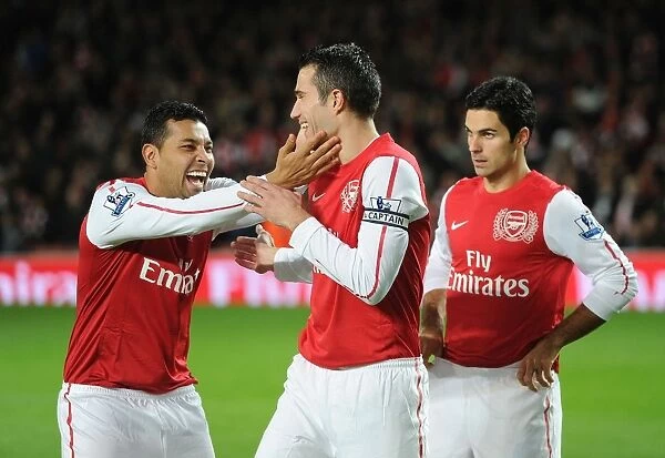 Arsenal Duo: Van Persie and Santos Sharing a Light-Hearted Moment Before Arsenal vs. Fulham, 2011-12