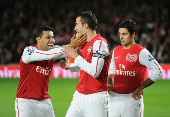 Framed Print : Arsenal Duo: Van Persie and Santos Sharing a Light-Hearted Moment Before Arsenal vs. Fulham, 2011-12