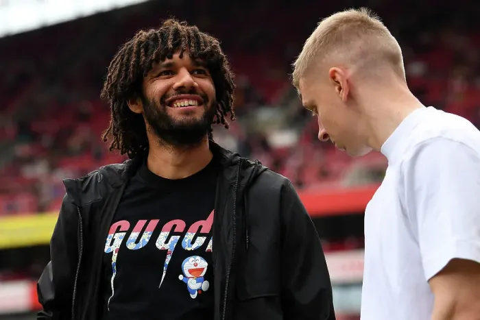 Framed Print : Arsenal: Elneny and Zinchenko in Deep Conversation Before Arsenal v Brighton & Hove Albion (2022-23)