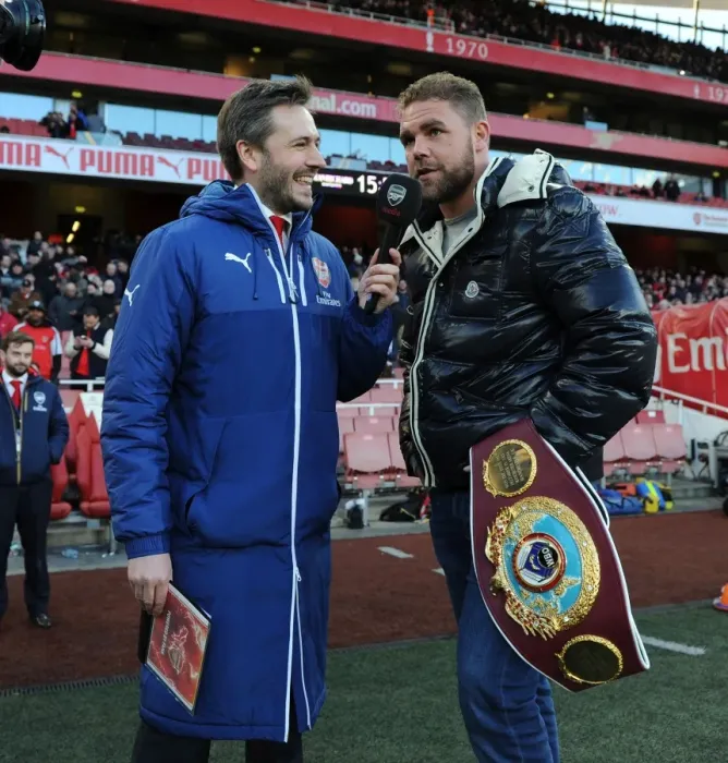 Framed Print : Arsenal FA Cup: Boxer Billy Joe Saunders Interviewed at Half Time Against Burnley