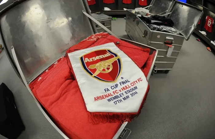 Framed Print : Arsenal FA Cup Final Pennant in Changing Room before Arsenal vs Hull City, 2014