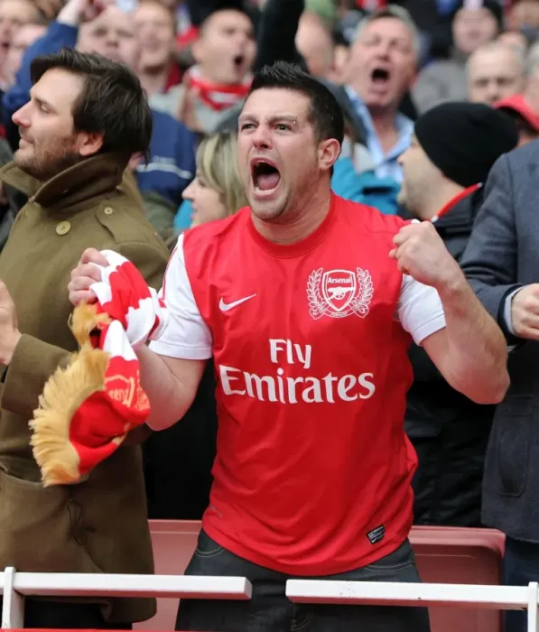 Framed Print : Arsenal Fan Celebrates Goal Against Manchester City - Premier League 2011-12 Framed Print : Arsenal Fan Celebrates Goal Against Manchester City - Premier League 2011-12