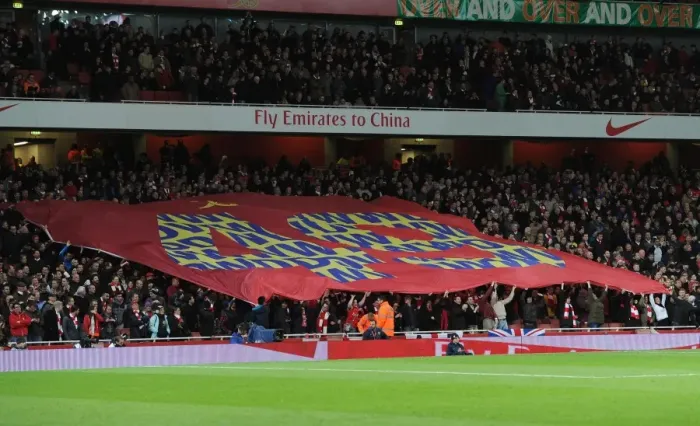 Framed Print : Arsenal fans with 49ers banner before the match. Arsenal 2: 0 Liverpool. Barclays Premier League Framed Print : Arsenal fans with 49ers banner before the match. Arsenal 2: 0 Liverpool. Barclays Premier League