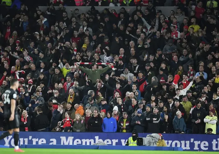 Framed Print : Arsenal Fans Celebrate at Brighton & Hove Albion vs Arsenal FC, Premier League 2022-23