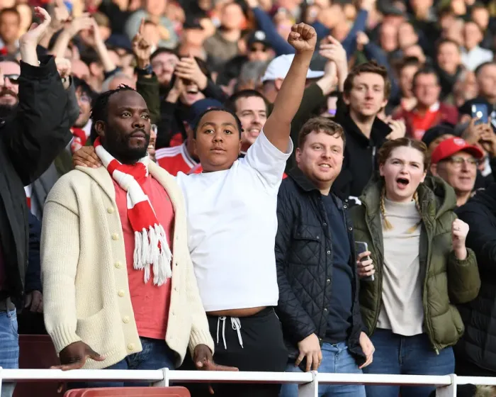 Framed Print : Arsenal Fans Celebrate Goal Against Watford in Premier League Match, Emirates Stadium, London (2021-22) Framed Print : Arsenal Fans Celebrate Goal Against Watford in Premier League Match, Emirates Stadium, London (2021-22)
