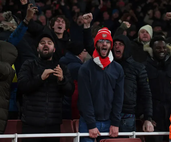 Framed Print : Arsenal Fans Celebrate Second Goal vs. Wolverhampton Wanderers (2021-22)