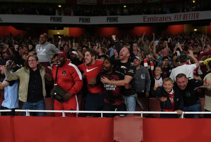 Framed Print : Arsenal Fans Celebrate Second Goal vs. Aston Villa in 2022-23 Premier League Framed Print : Arsenal Fans Celebrate Second Goal vs. Aston Villa in 2022-23 Premier League