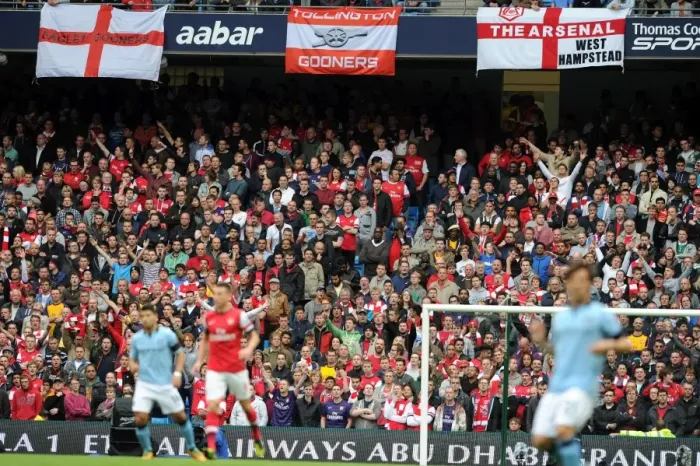 Framed Print : Arsenal Fans at Etihad Stadium: A Battle in the Barclays Premier League - Manchester City 1:1 Arsenal (September 23, 2012)