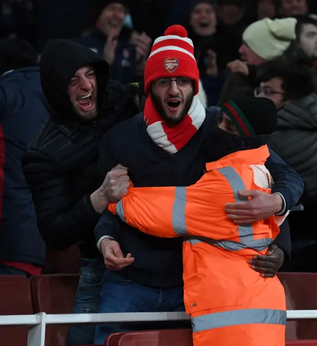 Framed Print : Arsenal Fans Euphoria: The Unforgettable Moment of the Second Goal vs. Wolverhampton Wanderers in the 2021-22 Premier League