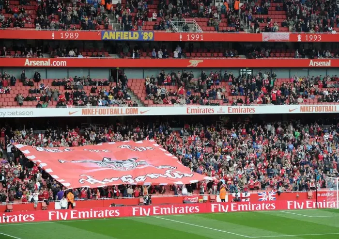 Framed Print : Arsenal fans flag. Arsenal 2: 1 Sunderland. Barclays Premier League. Emirates Stadium, 16  /  10  /  11