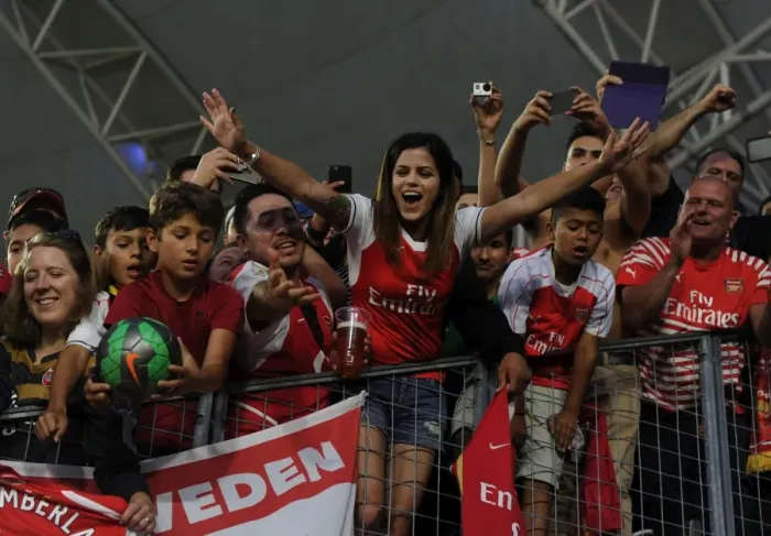 Framed Print : Arsenal Fans in Full Force: A Sea of Red at Arsenal vs. Chivas Pre-Season Match in Carson, California