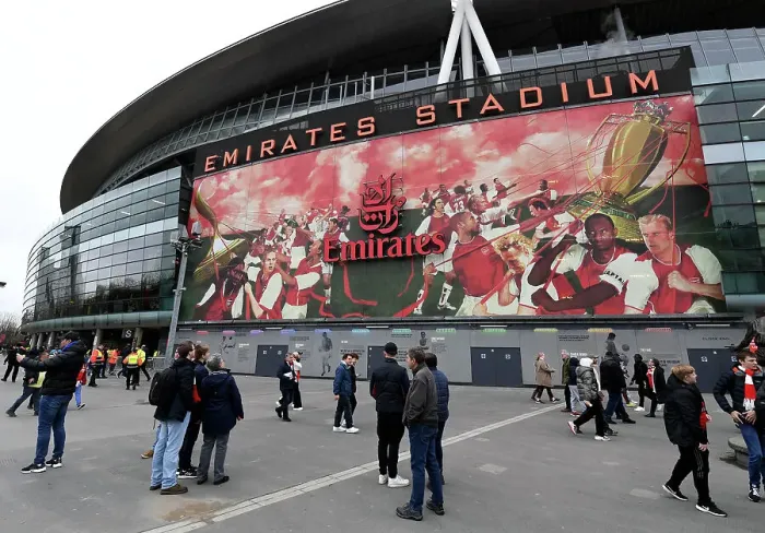 Framed Print : Arsenal Fans Gather Before Arsenal vs. Brentford Premier League Match, Emirates Stadium, London, 2023