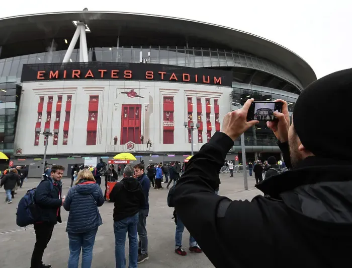 Framed Print : Arsenal Fans Gather Excitely Outside Emirates Stadium Ahead of Premier League Clash vs. Brentford, London 2023
