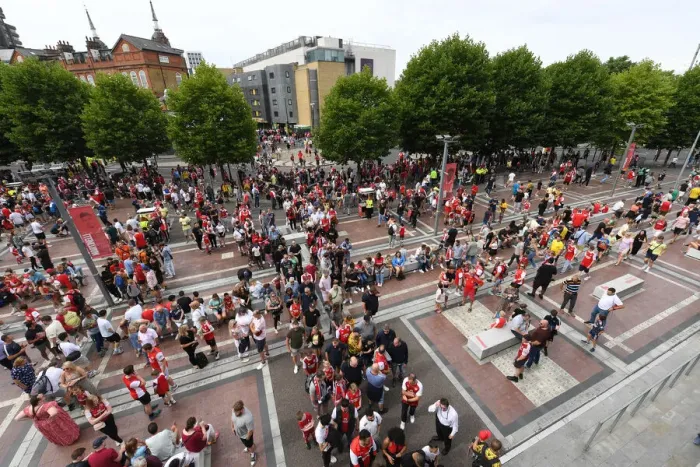Framed Print : Arsenal Fans Gather Outside Emirates Stadium for Arsenal vs Sevilla Pre-Season Friendly