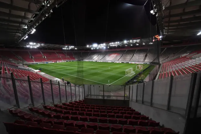 Framed Print : Arsenal Fans Gather Outside Olympiacos Karaiskakis Stadium for Europa League Match Amidst Pandemic Restrictions