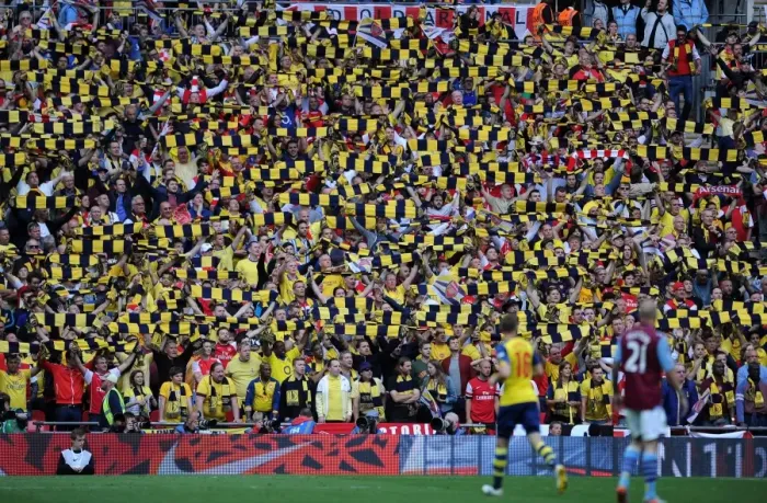 Framed Print : Arsenal fans hold up there scarves during the match. Arsenal 4: 0 Aston Villa. FA Cup Final Framed Print : Arsenal fans hold up there scarves during the match. Arsenal 4: 0 Aston Villa. FA Cup Final
