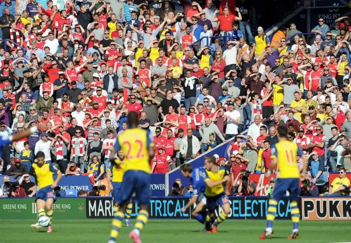 Framed Print : Arsenal Fans at The King Power Stadium: A Battle for the Barclays Premier League Points - Arsenal vs Leicester City (1:1)