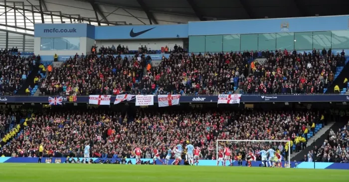 Framed Print : Arsenal fans. Manchester City 6: 3 Arsenal. Barclays Premier League. Etihad Stadium