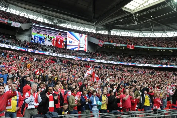 Framed Print : Arsenal fans before the match. Arsenal 1: 1 Wigan Athletic. 4: 2 after penalties. FA Cup Semi Final Framed Print : Arsenal fans before the match. Arsenal 1: 1 Wigan Athletic. 4: 2 after penalties. FA Cup Semi Final