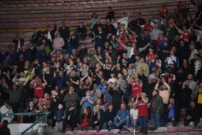 Framed Print : Arsenal Fans at Napoli's Stadio San Paolo during UEFA Europa League Quarterfinal