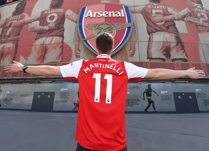 Framed Print : Arsenal Fans in New Shirts Await Match vs. Everton, Emirates Stadium, London (Arsenal v Everton 2021-22)