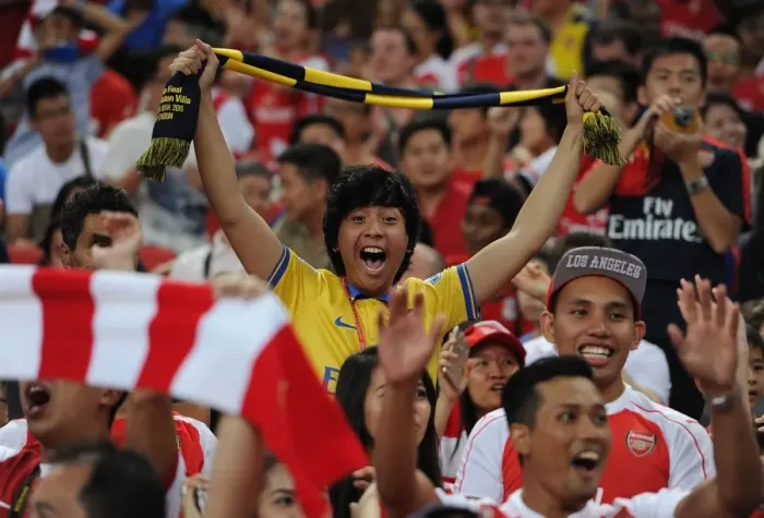 Framed Print : Arsenal Fan's Passion: Arsenal vs. Everton, Barclays Asia Trophy, Singapore 2015