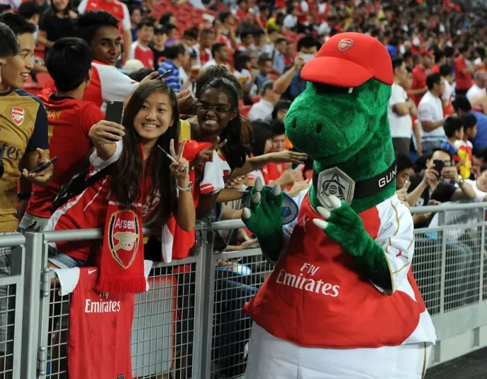 Framed Print : Arsenal Fans Reunite with Gunnersaurus before Arsenal vs. Singapore XI Match, 2015