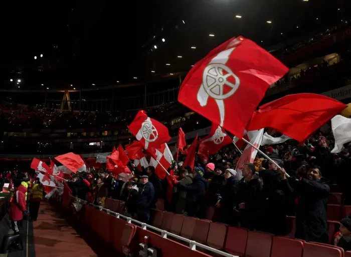 Framed Print : Arsenal Fans Wave Flags Before Carabao Cup Semi-Final Second Leg vs Liverpool