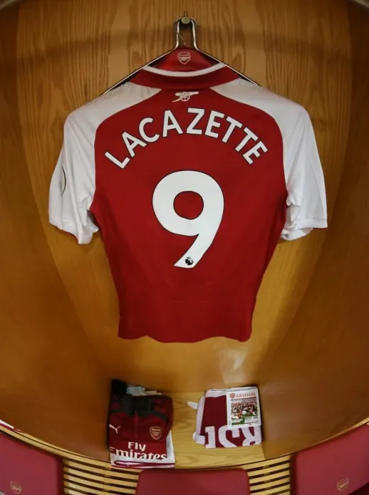 Framed Print : Arsenal FC: Alex Lacazette's Emirates Shirt Before Arsenal vs Leicester City (2017-18)