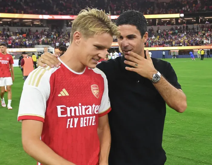 Framed Print : Arsenal and FC Barcelona: Mikel Arteta and Martin Odegaard Post-Match at 2023 Pre-Season Friendly in Inglewood Framed Print : Arsenal and FC Barcelona: Mikel Arteta and Martin Odegaard Post-Match at 2023 Pre-Season Friendly in Inglewood