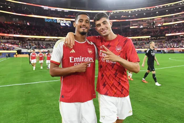 Framed Print : Arsenal & FC Barcelona: A Pre-Season Showdown in Inglewood - Saliba and Havertz Unite Post-Match