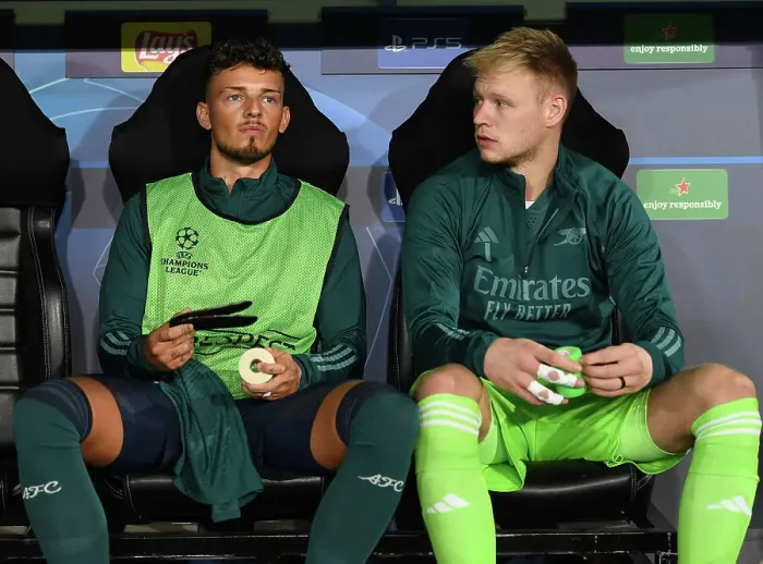 Framed Print : Arsenal FC: Ben White and Aaron Ramsdale Prepare for RC Lens Clash in UEFA Champions League Group Stage, 2023-24