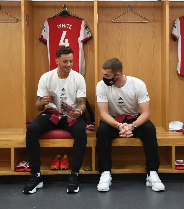 Framed Print : Arsenal FC: Ben White and Calum Chambers in the Changing Room before Arsenal vs Norwich City (2021-22)