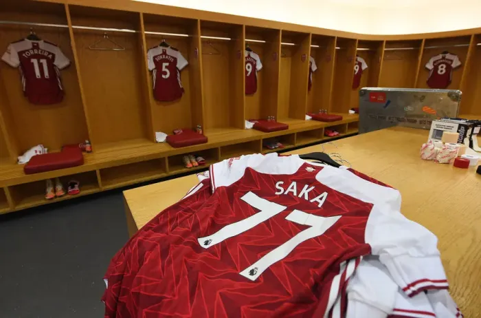 Framed Print : Arsenal FC: Bukayo Saka's Home Jersey in Emirates Stadium Changing Room (Arsenal v Watford, 2019-20)