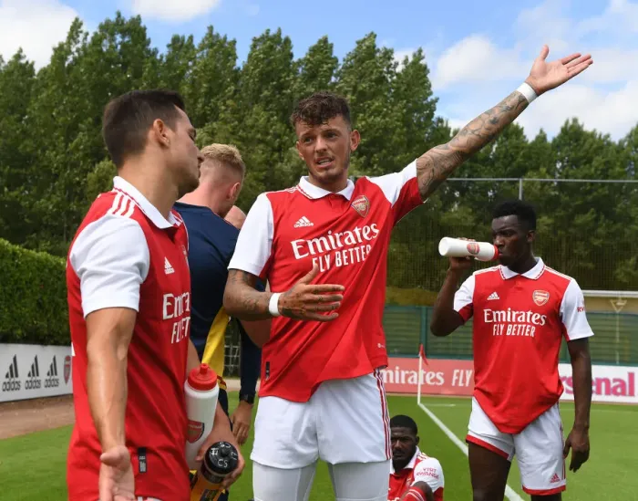 Framed Print : Arsenal FC: Cedric and Ben White in Action during Pre-Season Training vs Ipswich Town (2022-23)
