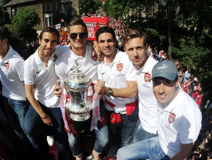 Framed Print : Arsenal FC: Celebrating FA Cup Victory with Flamini, Giroud, Arteta, Monreal, and Cazorla