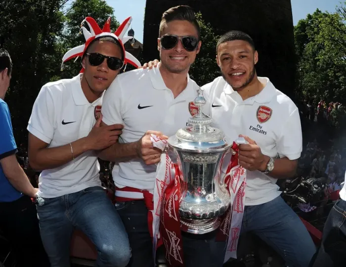 Framed Print : Arsenal FC: Celebrating FA Cup Victory with Gibbs, Giroud, and Oxlade-Chamberlain