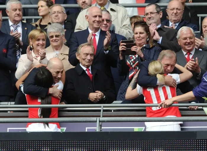 Framed Print : Arsenal FC: Celebrating FA Cup Victory - Ivan Gazidis, Alex Scott, Vic Akers, and Kelly Smith Embrace in Triumph