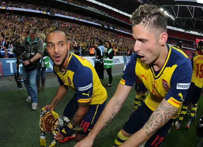 Framed Print : Arsenal FC: Celebrating FA Cup Victory with Theo Walcott and Olivier Giroud Framed Print : Arsenal FC: Celebrating FA Cup Victory with Theo Walcott and Olivier Giroud
