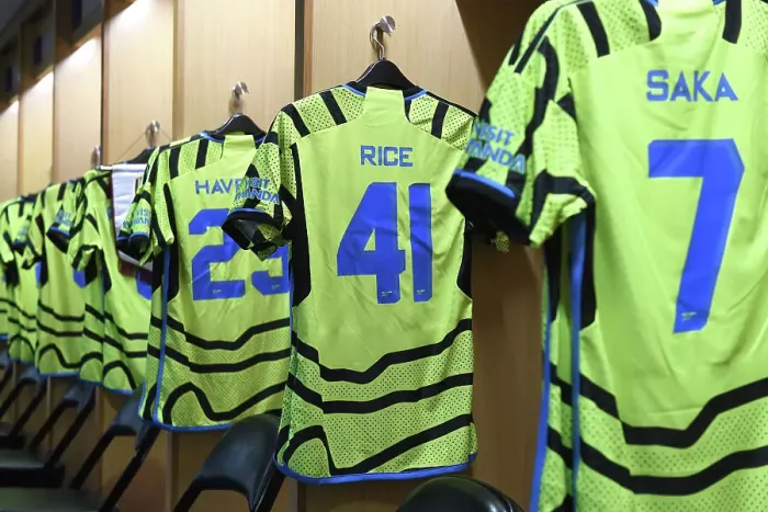 Framed Print : Arsenal FC: Declan Rice's Pre-Season Jersey in the Lockers before Arsenal v Manchester United (2023-24) Framed Print : Arsenal FC: Declan Rice's Pre-Season Jersey in the Lockers before Arsenal v Manchester United (2023-24)