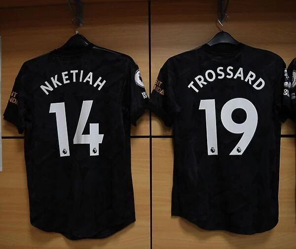 Arsenal FC: Eddie Nketiah and Leandro Trossard's Shirts in Arsenal Changing Room before Aston Villa Match (Aston Villa v Arsenal 2022-23)