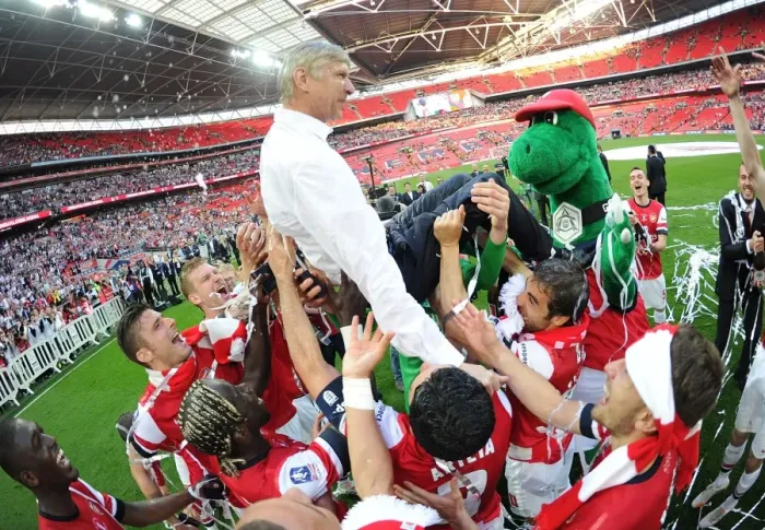 Framed Print : Arsenal FC: FA Cup Victory - Arsene Wenger's Triumphant Lift by the Squad Framed Print : Arsenal FC: FA Cup Victory - Arsene Wenger's Triumphant Lift by the Squad
