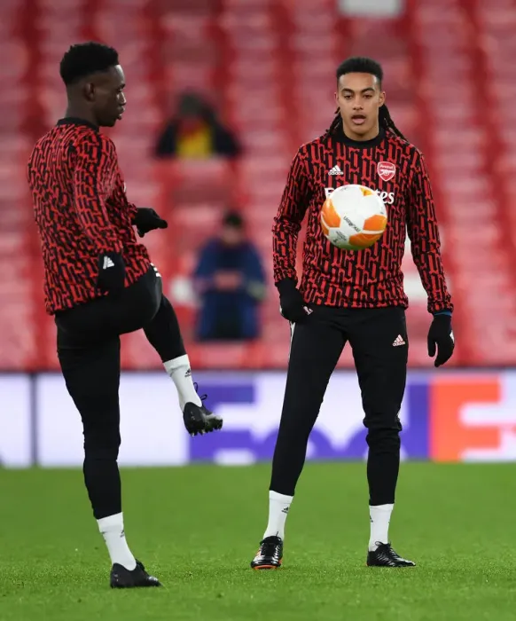 Framed Print : Arsenal FC: Flo Balogun and Miguel Azeez Warm Up Ahead of Arsenal v Rapid Wien UEFA Europa League Clash Framed Print : Arsenal FC: Flo Balogun and Miguel Azeez Warm Up Ahead of Arsenal v Rapid Wien UEFA Europa League Clash